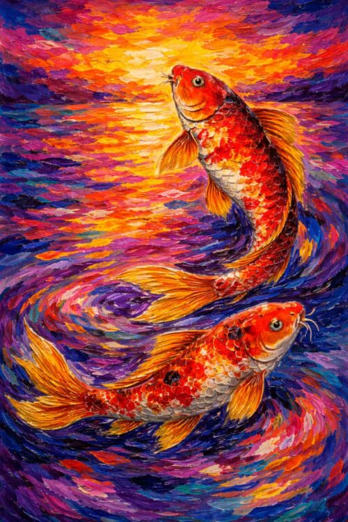 Tranh cá chép hoàng hôn phong cách sơn dầu