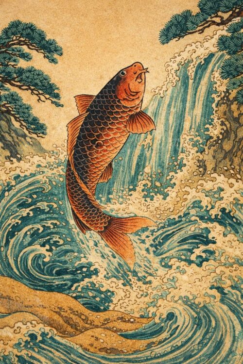 Tranh cá chép vượt thác phong cách Nhật Bản