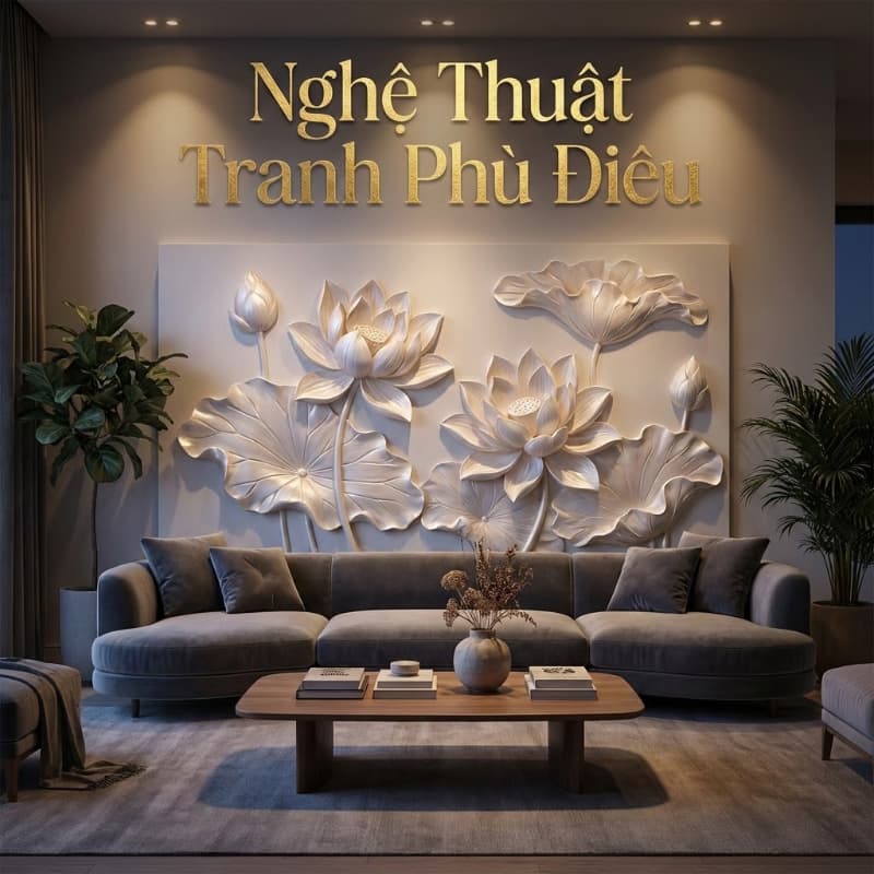 Tranh phù điêu 3D tạo điểm nhấn phòng khách với hiệu ứng ánh sáng