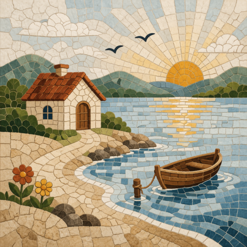 Tranh Mosaic bình minh trên hồ