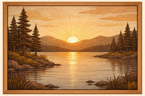 Tranh Gỗ Bình Minh Trên Hồ Tĩnh Lặng