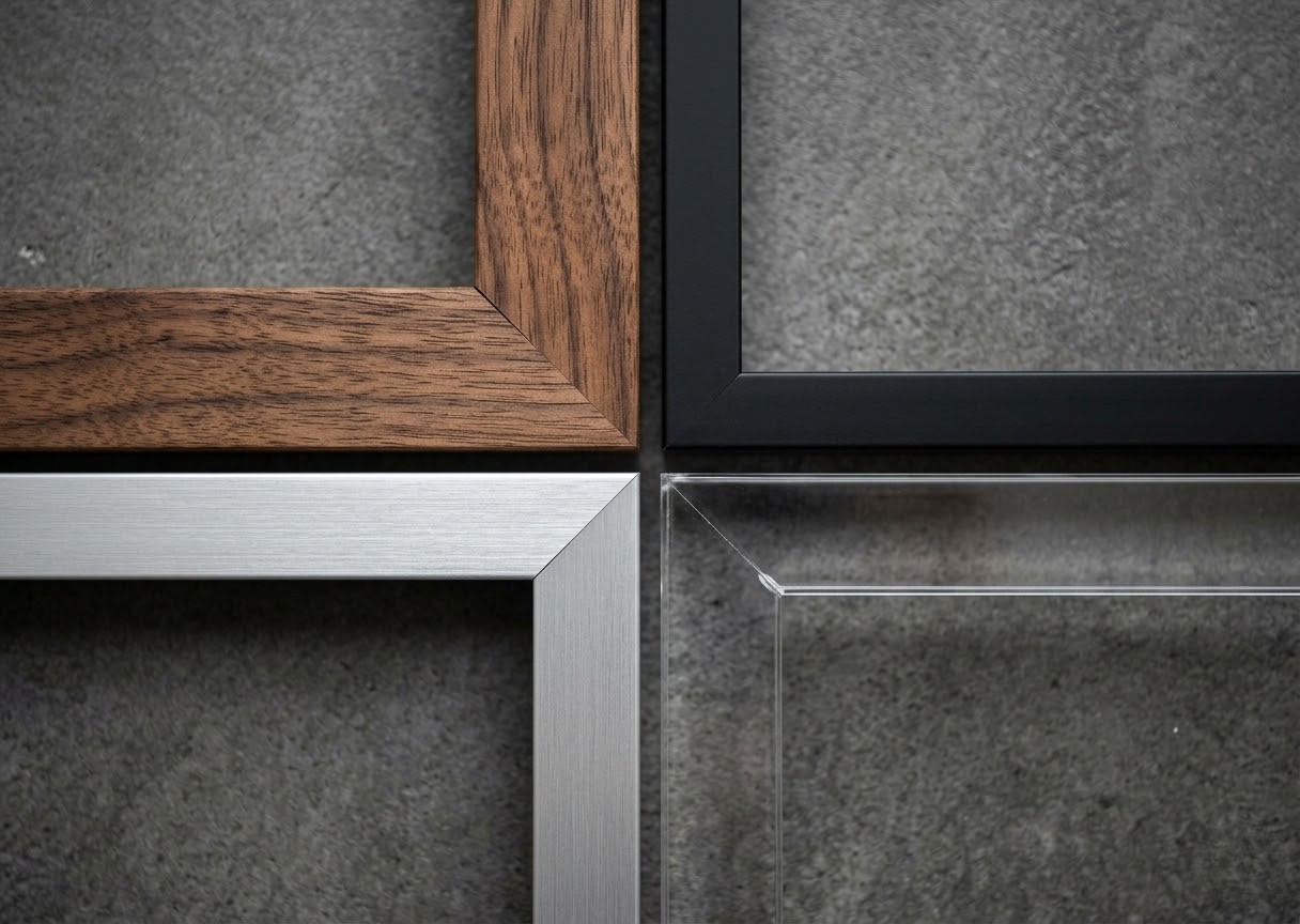 Chi tiết góc cắt 45 độ của 4 loại khung tranh cao cấp: gỗ tự nhiên, nhựa composite, hợp kim nhôm và mica.