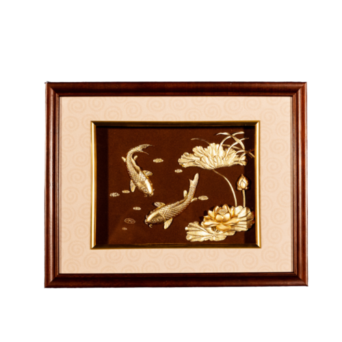 Tranh cá chép hoa sen bằng đồng mạ vàng