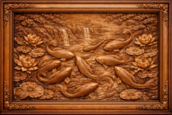 Tranh gỗ Cá Koi Và Hoa Sen