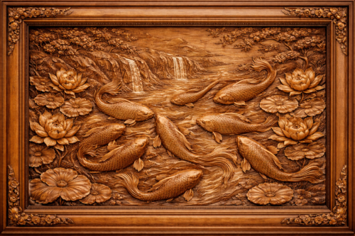 Tranh gỗ Cá Koi Và Hoa Sen