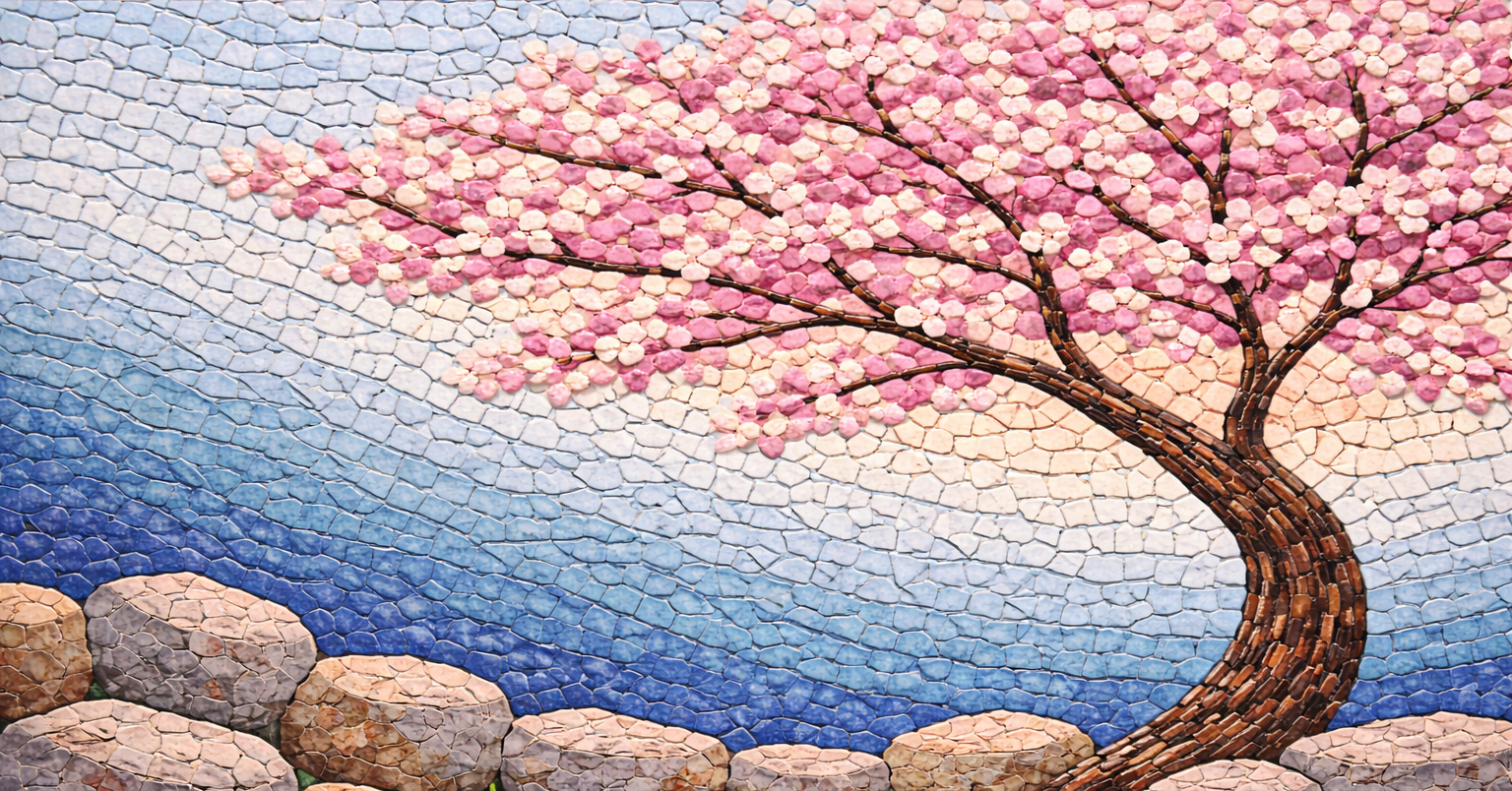 Tranh Mosaic cây anh đào nở hoa 1 Tranh Mosaic cây anh đào nở hoa
