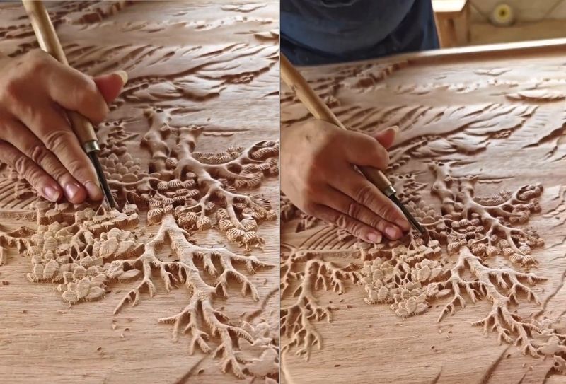 Nghệ nhân làng nghề Đồng Kỵ chế tác tranh gỗ tứ quý 