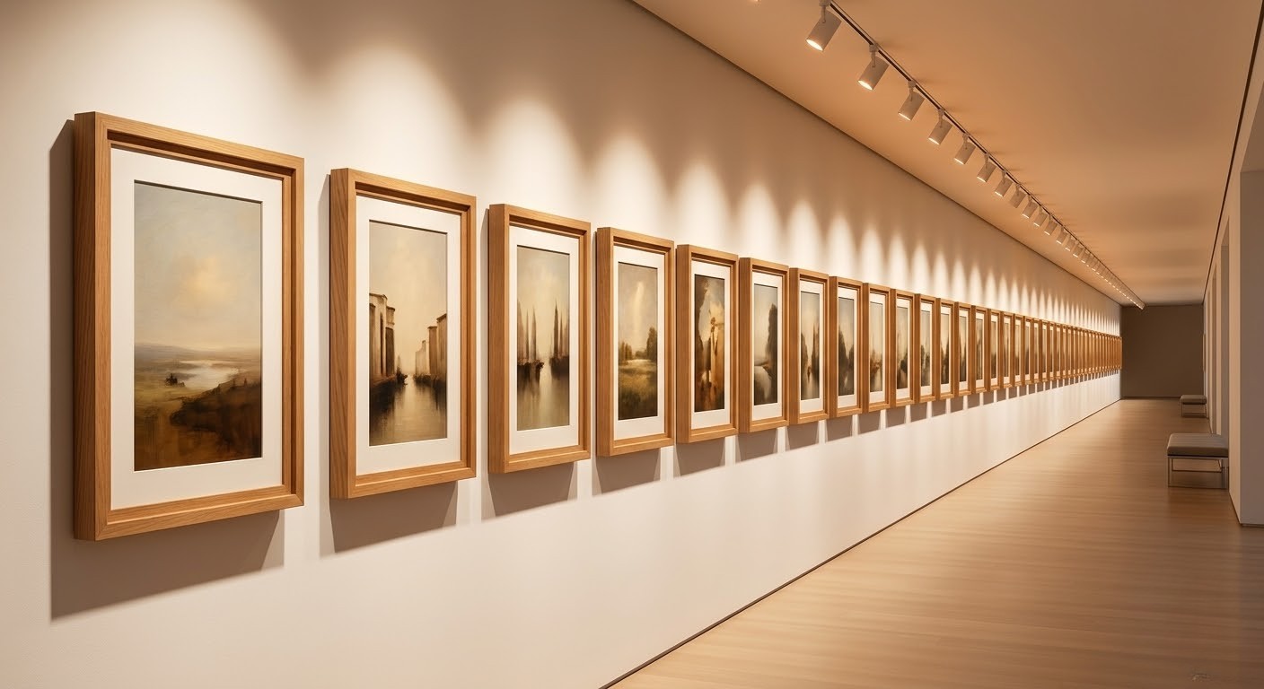 Không gian thưởng lãm triển lãm với hàng loạt tranh canvas được gia công tỉ mỉ, đồng bộ phào khung cao cấp.