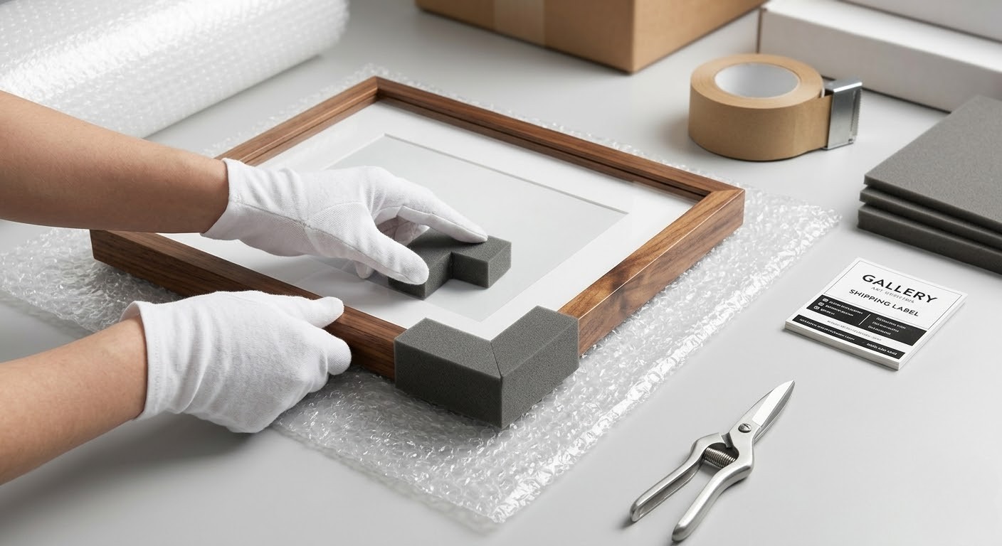 Giám tuyển Artnam bọc màng xốp hơi và nẹp góc bọt biển bảo vệ mặt kính acrylic cho khung tranh.