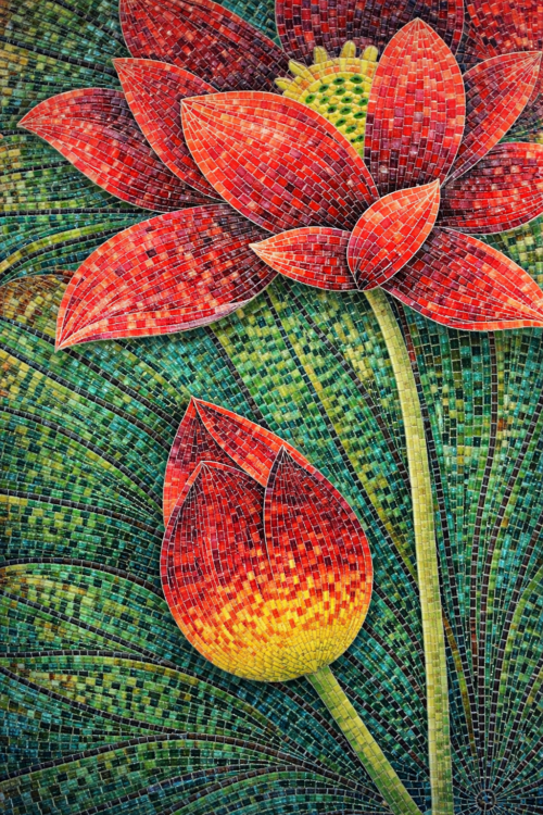 Tranh Mosaic hoa sen đỏ