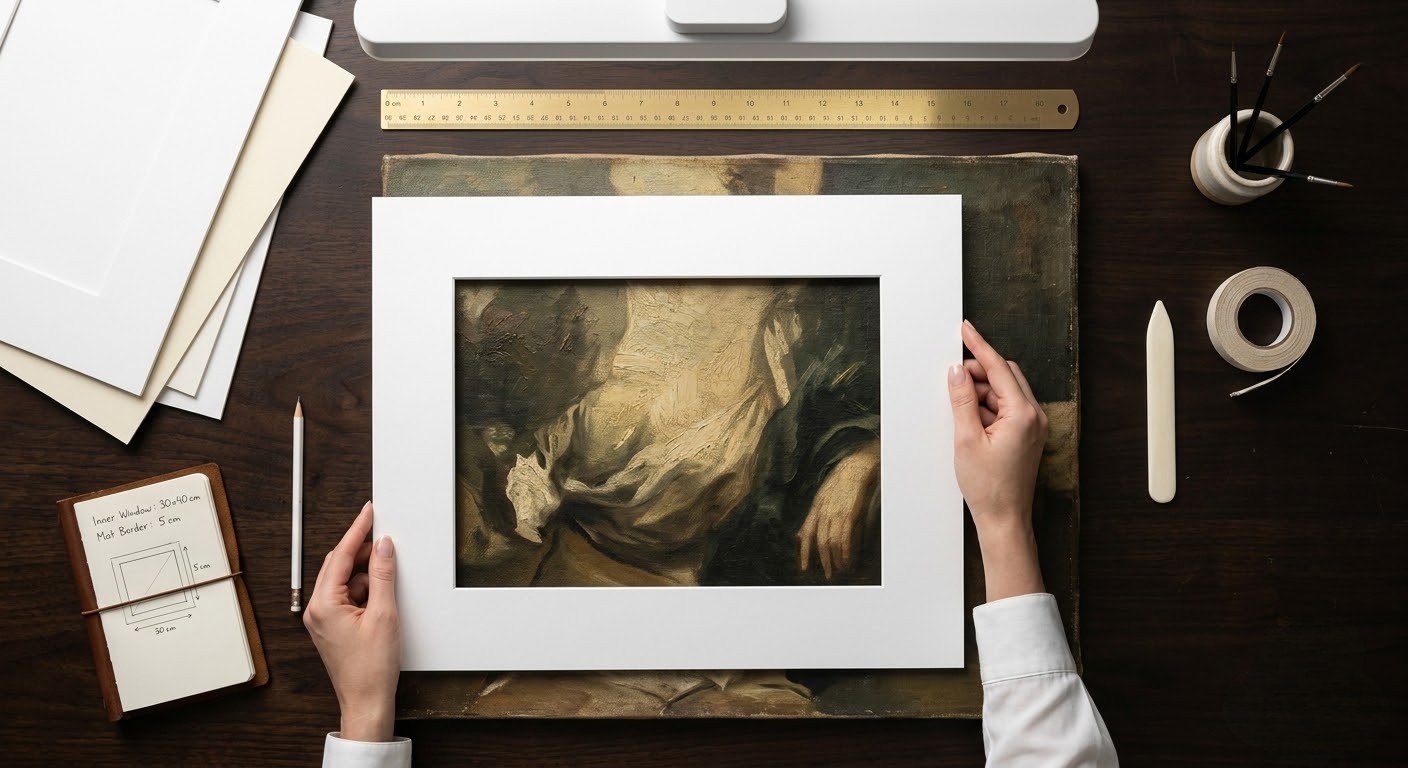 Hướng dẫn đo kích thước lọt lòng và đặt bo viền passepartout chuẩn xác cho tranh nghệ thuật.