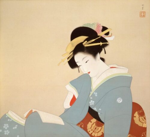 Tranh thiếu nữ Nhật Bản đọc sách phong cách Bijin-ga cổ điển tinh tế