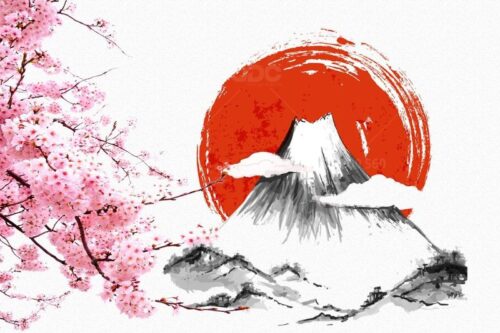 Tranh Nhật Bản mặt trời đỏ hoa anh đào và chim đậu cành