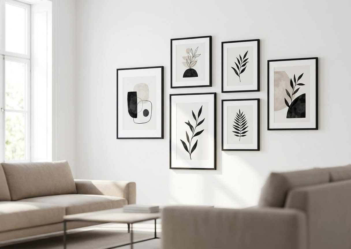 Thiết kế mảng tường nghệ thuật Gallery Wall tối giản với bộ khung tranh nhựa composite viền mỏng 1.5cm siêu nhẹ.