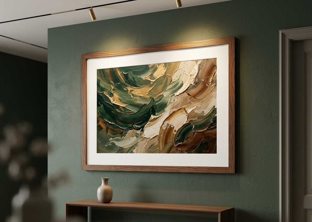 Bức tranh sơn dầu nghệ thuật được tôn vinh nhờ khung gỗ óc chó tự nhiên và lớp bo viền passepartout tạo chiều sâu.