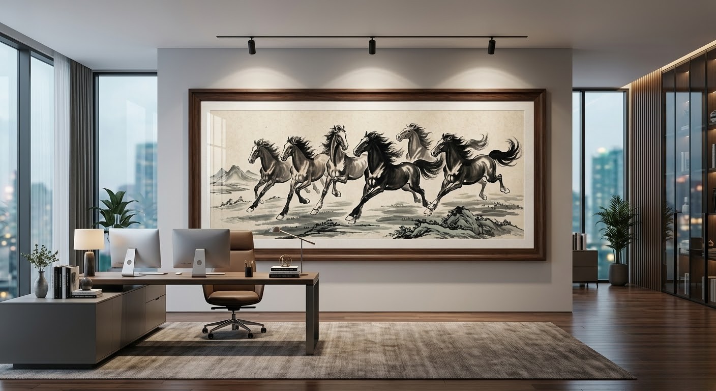 Khung tranh khổ lớn bọc mặt kính acrylic chống lóa bảo vệ bức tranh nghệ thuật phong thủy kinh doanh.