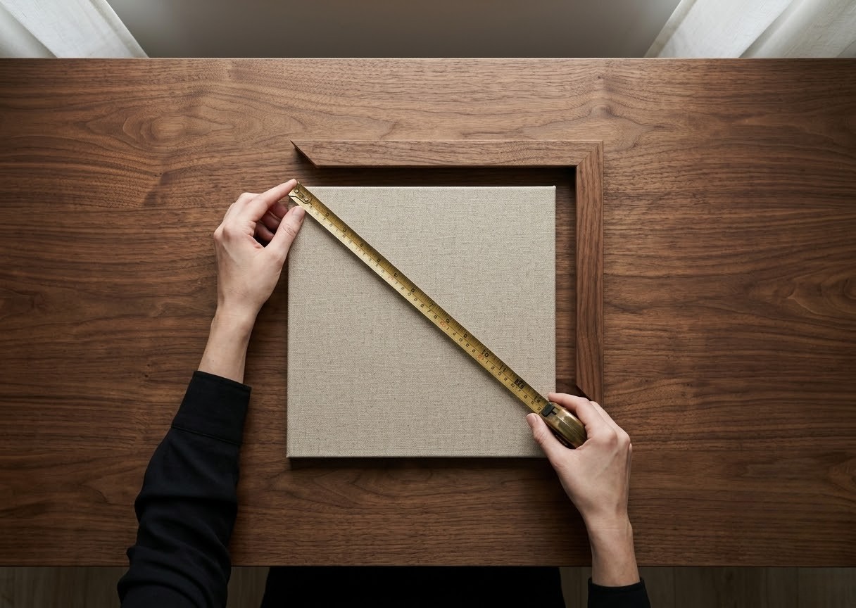 Chuyên gia Artnam Gallery đo đạc kích thước lọt lòng chuẩn quốc tế cho khung tranh nghệ thuật.