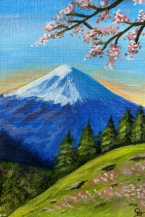 Tranh vẽ núi Phú Sĩ phong cảnh mùa xuân