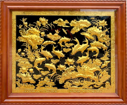 Tranh Cửu Ngư Quần Hội Đồng Mạ Vàng