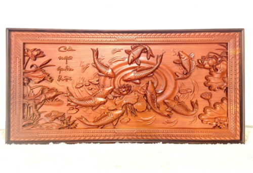 Tranh Cửu Ngư Quần Hội Gỗ Hương Đỏ 175x79x5