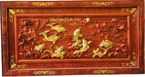 Tranh Cửu Ngư Quần Hội Gỗ Hương Đỏ