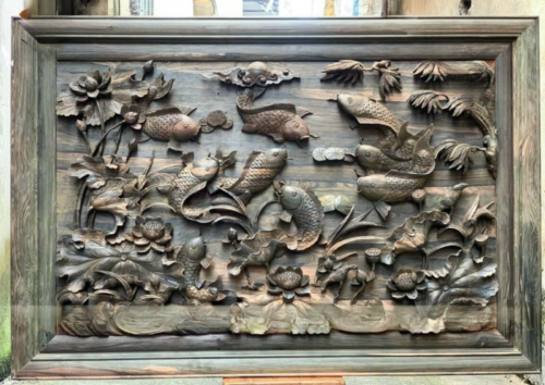 Tranh Cửu Ngư Quần Hội Gỗ Mun Hoa