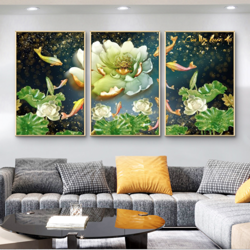 Tranh Cửu Ngư Quần Hội Hoa Sen Trắng