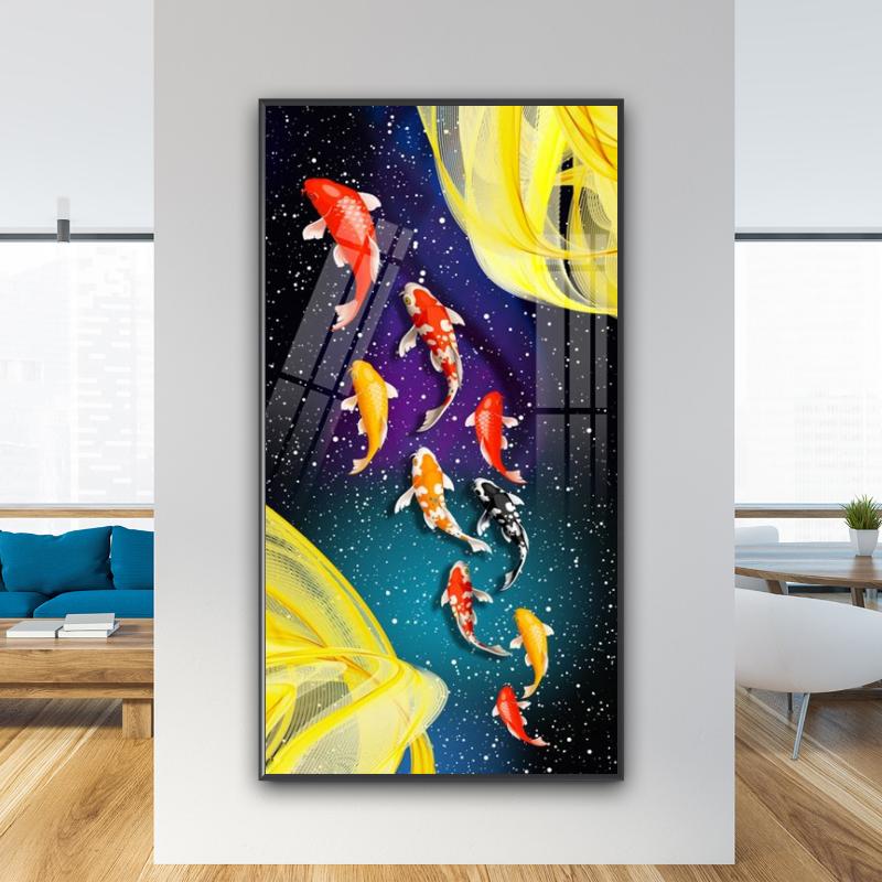 Tranh Cửu Ngư Quần Hội 3D trên nền vải Canvas có độ độ sắc nét cao, màu sắc rực rỡ và vô cùng trẻ trung