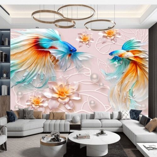 Tranh dán tường đôi cá đuôi dài 3D