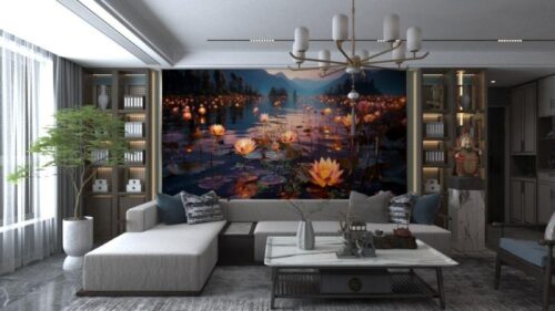 Tranh dán tường hoa sen hồ nước ban đêm