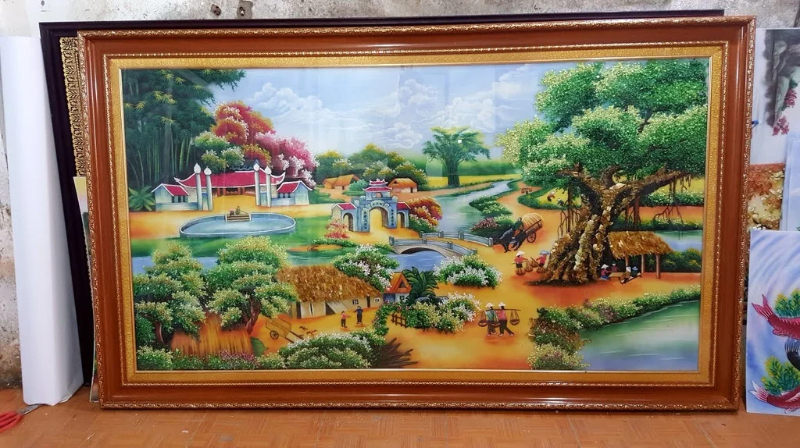 Tranh đính đá Đồng quê Việt Nam thanh bình, mộc mạc