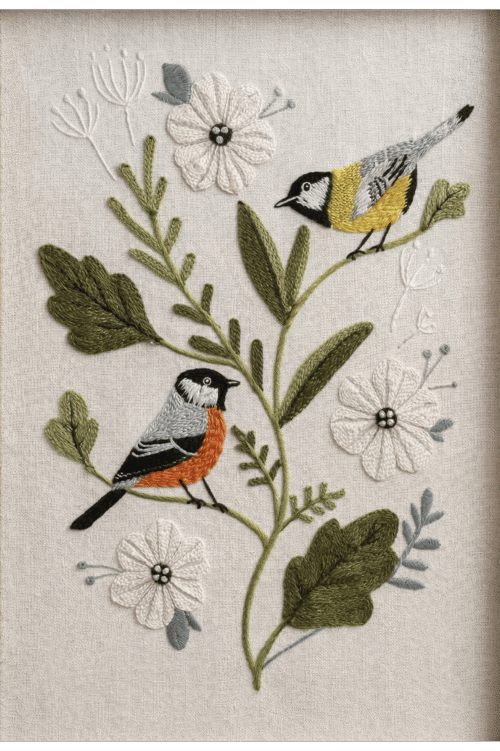 Tranh đôi chim chuyền cành mùa xuân