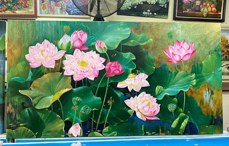 Tranh sơn dầu hoa sen nghệ thuật vẽ tay thủ công đắp nổi 3D