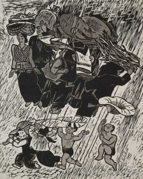 Tranh Khắc Gỗ Chạy Mưa