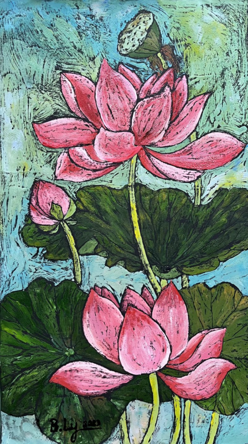 Tranh Khắc Gỗ Sen Hồng