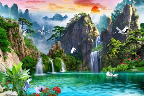 Tranh kính 3D phong thủy sơn thủy hữu tình tùng hạc diên niên