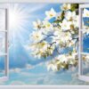 Tranh kính 3D khung cửa sổ thiên nhiên hoa trắng ngập tràn ánh nắng