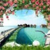 Tranh kính 3D khung cửa hoa hồng và phong cảnh biển