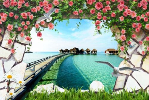 Tranh kính 3D khung cửa hoa hồng và phong cảnh biển
