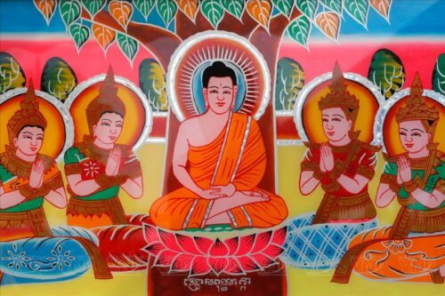 Tranh kính phật Thích Ca thành đạo dưới gốc bồ đề phong cách Khmer