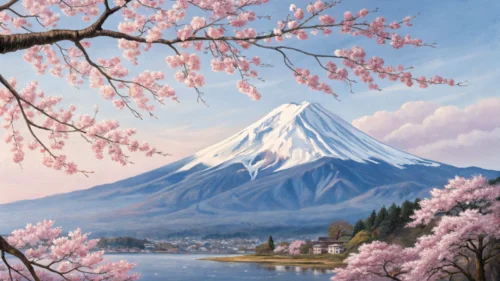 Tranh phong cảnh núi Phú Sĩ hoa anh đào bên hồ nước