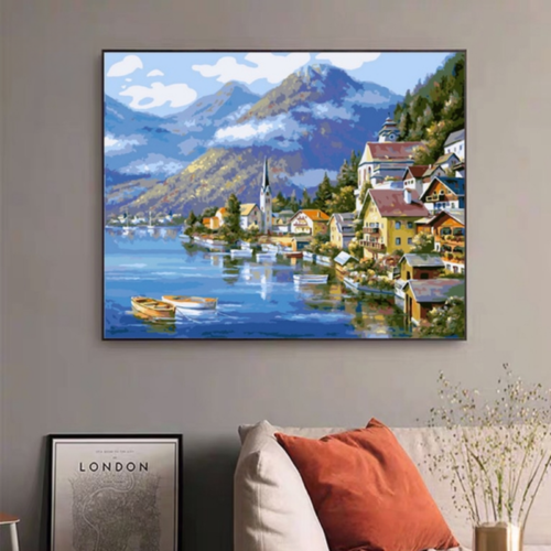 Tranh số hóa phong cảnh châu Âu ngôi làng Hallstatt