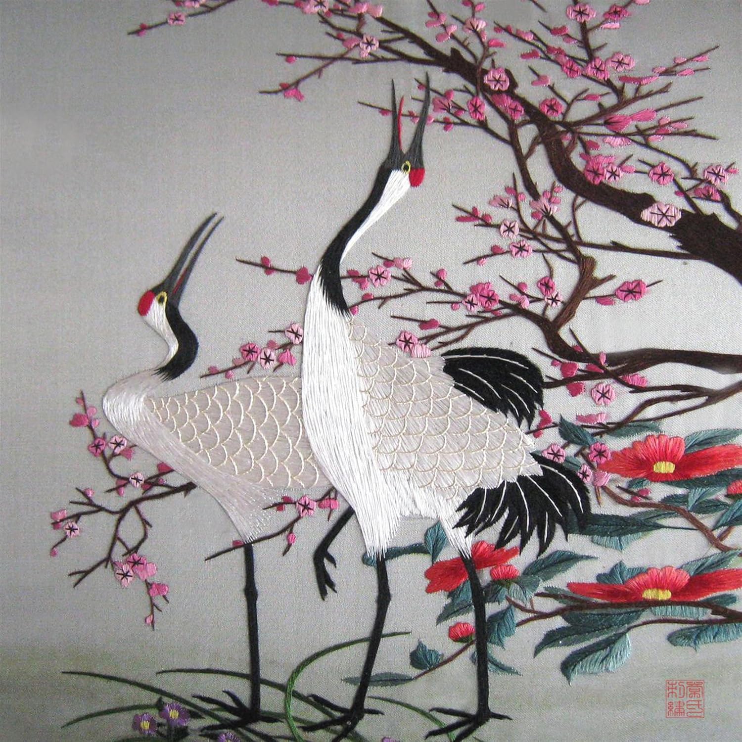 Tranh phong thủy song hạc hoa đào 2 Tranh phong thủy song hạc hoa đào - Ảnh 2