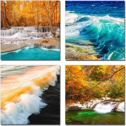 Bộ 4 tranh thiên nhiên thác nước, sóng biển