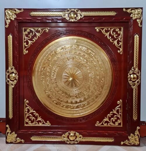 tranh trống đồng khung gỗ sồi mặt dát vàng 18k