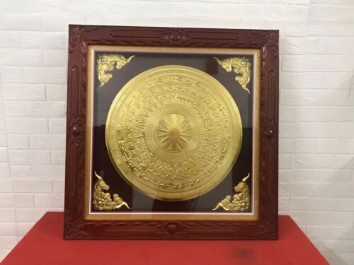 Tranh Trống Đồng Dát Vàng Khung Gỗ Sồi 80x80