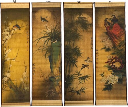 Tranh tứ quý Đào Lan Trúc Cúc lụa cao cấp