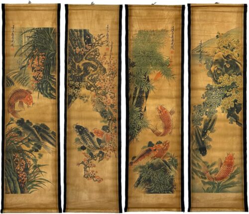 Tranh tứ quý Mai Lan Cúc Trúc cá chép phong thủy