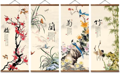 Tranh tứ quý Mai Lan Cúc Trúc thư pháp