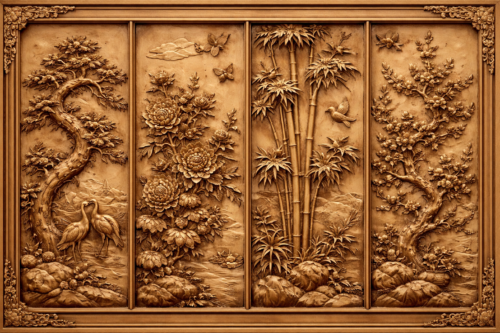 Tranh Gỗ Tùng Cúc Trúc Mai – Tứ Quý An Nhiên